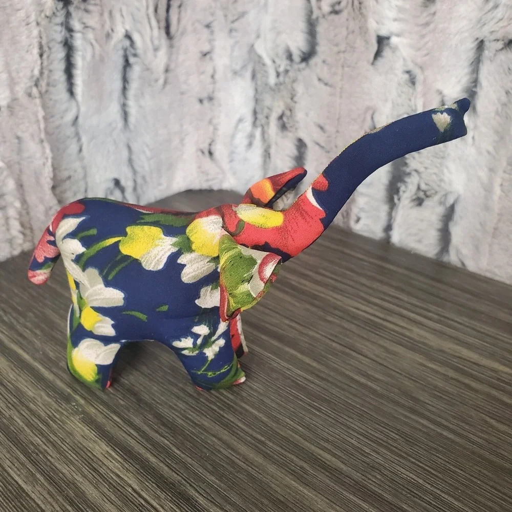 Navy Blue Floral Sand Stuffed Lucky Elephant - Trunk Up 6
